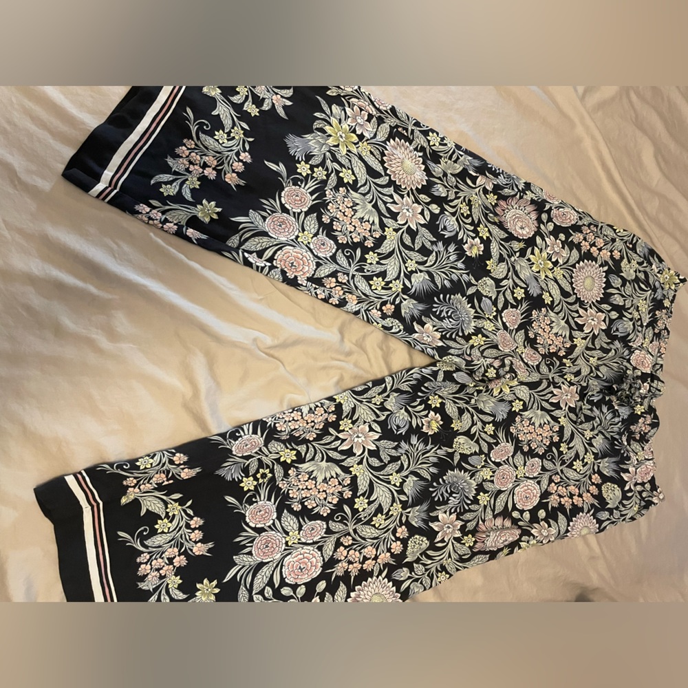 LOFT Botanical Floral Print Wide Leg Elastic Waist Pants